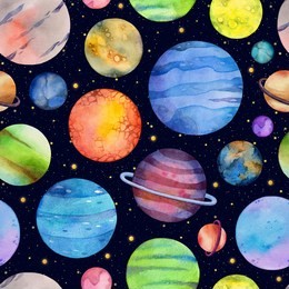 seamless pattern with colorful planets and stars on black background. watercolor space illustration