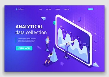 website template landing page isometric concept analytical data collection, teamwork. easy to edit and customize.