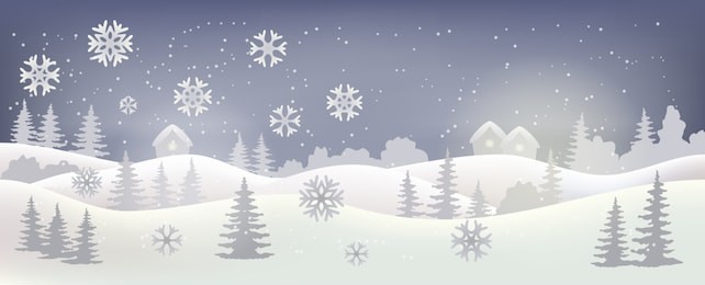 winter night landscape with snow flakes, hills, trees and houses. holiday christmas background. vector illustration.