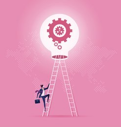 businessman climb up ladder stairs to light bulb - business concept vector.