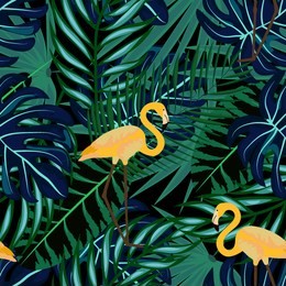 tropical seamless pattern with flamingos and tropical leaves. leaves of palm, monstera and banana. summer background with flamingos.