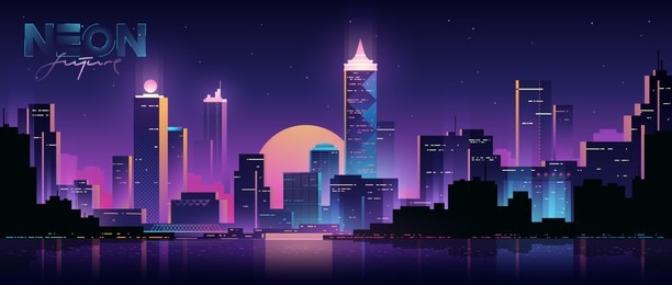 futuristic night city. cityscape on a dark background with bright and glowing neon purple and blue lights. cyberpunk and retro wave style illustration.