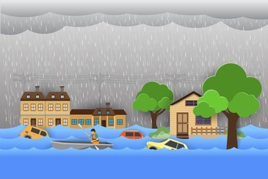 city ​​flood flooding water in city street , falling tree