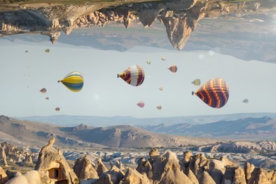 unreal fantastic world, impossible surreal terrain, hot air balloons fly like fish in sky