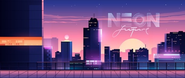 futuristic evening city. cityscape on a sunset background with bright and glowing neon purple and blue lights. cyberpunk and retro wave style illustration.