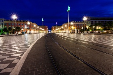 tramline on place massena at morning, nice, france