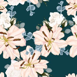 vector seamless floral pattern with retro flowers. wallpaper with lily and white roses on dark background, vector illustration. vintage lilies, succulent and roses.