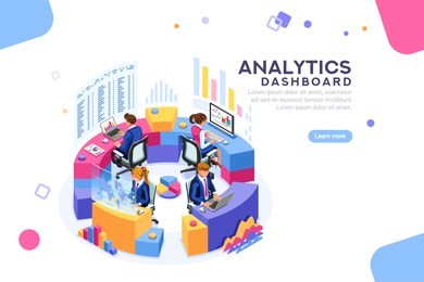 charts key server statistic, performance indicators concept. analyst on management process. analytics dashboard. virtual screen showing sales concept. characters on flat isometric illustration.