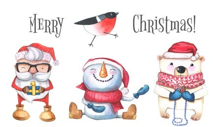 winter watercolor set. santa claus, snowman, bullfinch and polar bear. raster illustration