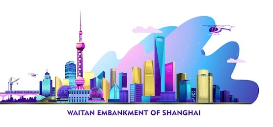 vector horizontal illustration of the chinese city shanghai embankment banner with skyscrapers, bridge and transport, on white background