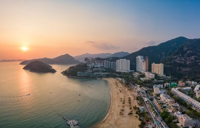 aerial view of skyscrapers and beach at repulse bay in the southern part of hong kong