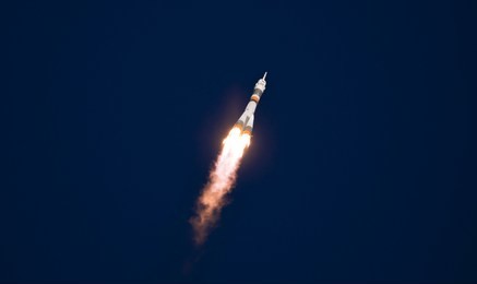 real rocket in flight, launch rocket from the baikonur cosmodrome, a flying rocket in the sky. rocket launcher crash explosion and fall spaceship the soyuz