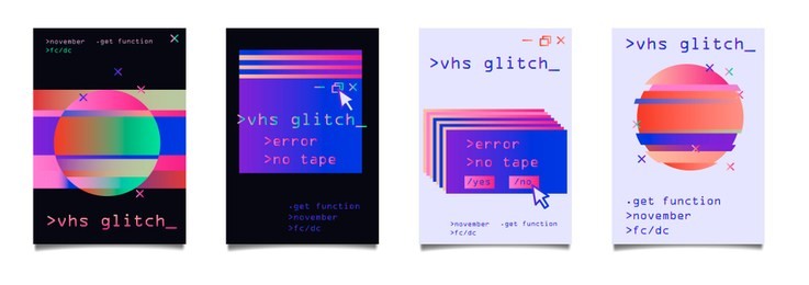 retrofuturistic set of posters with holographic glitched elements (computer interface window, circle). vaporwave/ synthwave style.