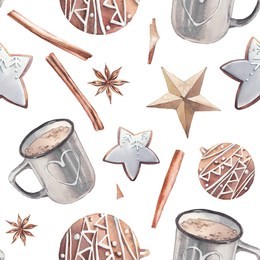 watercolor winter time pattern with coffee sand cookies. hand drawn seamless christmas texture on white background: hot drink cup, anise star, pastry, cinnamon stick. scandinavian style ornament