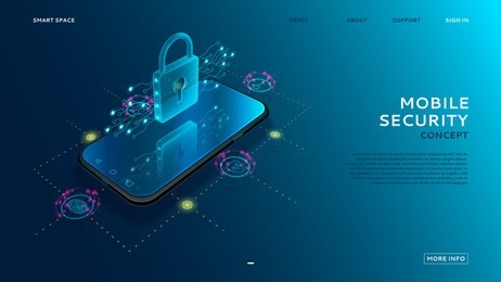 mobile security modern concept. smart app protects smart phone from thefts and hacker attacks. internet of things technology of automatic protection. vector illustration.