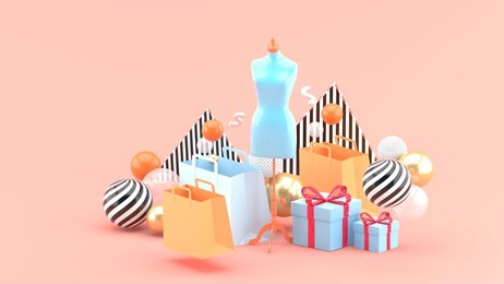 mannequin in the middle of the shopping bag and the gift box on the pink backdrop.-3d rendering.