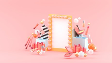 makeup mirror among cosmetics and gifts on pink background.-3d rendering.