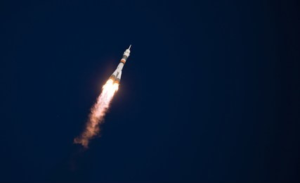 real rocket in flight, launch rocket from the baikonur cosmodrome, a flying rocket in the sky. rocket launcher crash explosion and fall spaceship the soyuz