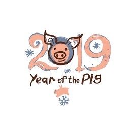 year of the pig 2019. card with a cartoon piglet head and 2019. funny hand drawn illustration. vector template new year's design. 