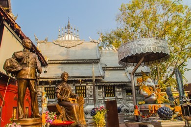 amazing temple silver roof ridge design at wat sri suphan, chiang mai, thailand. wat srisuphan also known as the silver temple because of its impressive hand crafted silver ordination hall decoration.