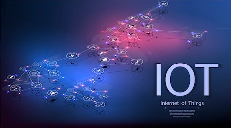 internet of things (iot) and networking concept for connected devices. spider web of network connections with on a futuristic blue background. isometric vector illustration.