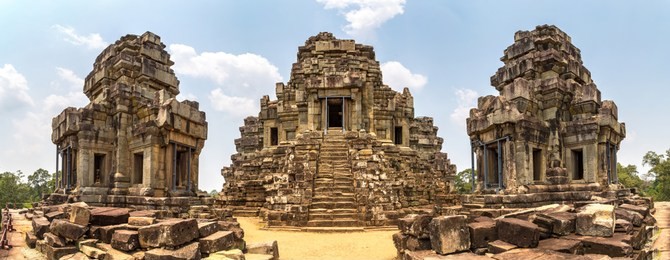 panorama of ta keo temple ruins is khmer ancient temple in complex angkor wat in siem reap, cambodia in a summer day
