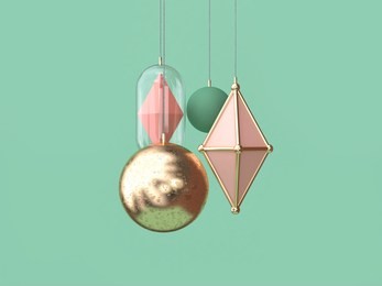 minimal gold pink ball hanging christmas decoration concept 3d rendering green background