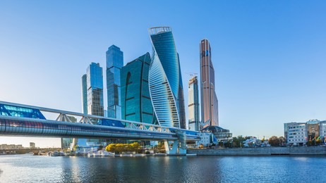 moscow city skycraper, moscow international business centre at autumn time with moscow river, russia.