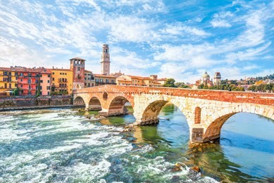 ancient roman bridge in verona, italy, ponte di pietra