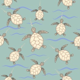 green background with beige and brown sea turtles bubbles seamless vector design