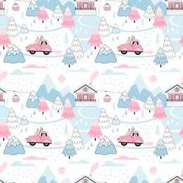 snowy alpine winter landscape with fir trees, mountains, chalet and car. ski trip. vector seamless pattern drawn in cute doodle style in pastel blue and pink palette. perfect for girl-like design