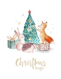 watercolor merry christmas illustration with snowman, christmas tree , holiday cute animals fox, rabbit and hedgehog . christmas celebration cards. winter new year design.