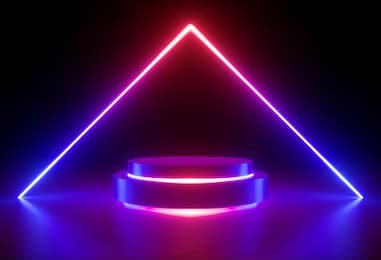 3d render, neon light, glowing lines, ultraviolet, stage, triangular portal, arch, pedestal, virtual reality, abstract background, round portal, arch, red blue spectrum, vibrant colors, laser show