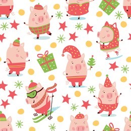 funny pigs. seamless vector pattern with a christmas symbol of 2019.