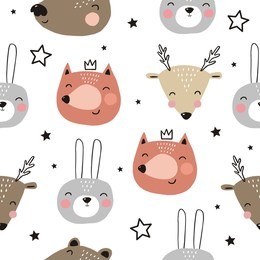 cute hand drawn print with bear, fox, deer, bunny. hand drawn modern print for posters, cards, t-shirts. seamless pattern