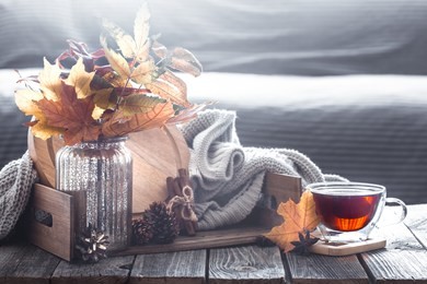 autumn composition with elements of home decor with leaves in the interior of the living room, the concept of home comfort