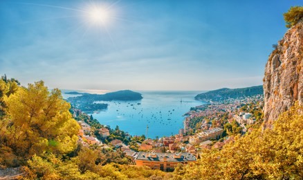 aerial view of french riviera coast with medieval town villefranche sur mer, nice region, france