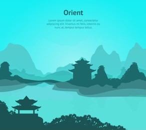 cartoon oriental chinese card poster with text landscape background tourism elements nature scene concept flat design. vector illustration of traditional panorama