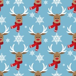 cute deer in winter custom and snowflake seamless pattern. cute christmas holidays cartoon character background.