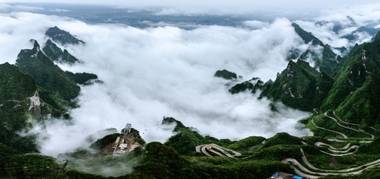 the panorama mist and cloud of the tianmen shan mountain known as the land mark at zhangjiagie, hunan, china.