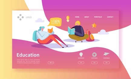 education and science landing page. training, courses learning with flat people characters website template. vector illustration
