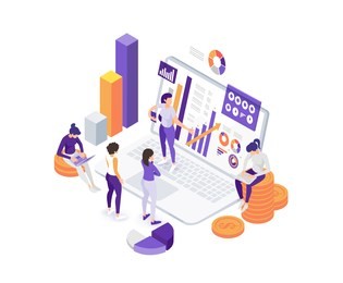 vector business illustration. people are working on data analysis and internet market research. team work on company data. vector flat isometric stylish graphics for banners and advertising.