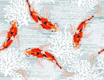 beautiful seamless vector spring summer pattern background with  koi fish, corals. perfect for wallpapers, web page backgrounds, surface textures, textile.