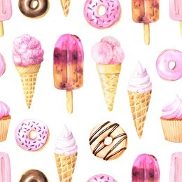 seamless pattern with watercolor hand painted sweet and tasty chocolate donuts and ice cream on stick and in a cone. summer delicious dessert background perfect for fabric or scrapbook