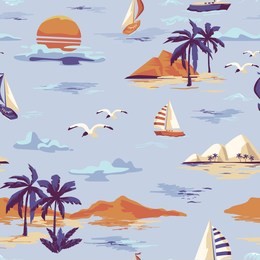 vintage beautiful seamless island pattern on white background. landscape with palm trees, yacht, beach and ocean vector hand drawn style