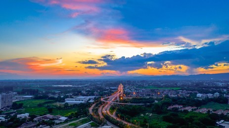 aerial view breautiful sunset chiang mai city with ring road and traffic near chiang mai city thailand 