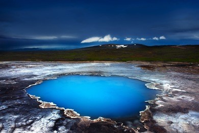incredibly blue pool blahver at hveravellir is actually a hot geothermal spring in the heart of iceland.