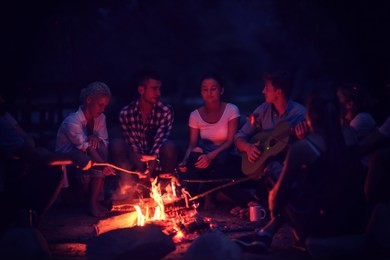 a group of happy young friends relaxing and enjoying  summer evening around campfire on the river bank