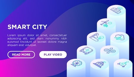smart city concept with thin line isometric icons: green energy, intelligent urbanism, efficient mobility, zero emission, electric transport, balanced traffic. vector illustration, web page template.