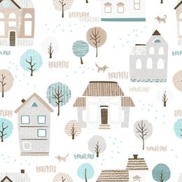 seamless pattern with dogs, houses and trees, texture landscape in retro flat style. vector print in pastel colors.